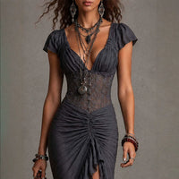 Corset Midi Dress | Prodotto in Pizzo Arricciato con Spacco