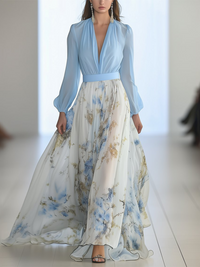 Pénélope | Abito Maxi Azzurro con Motivo Floreale
