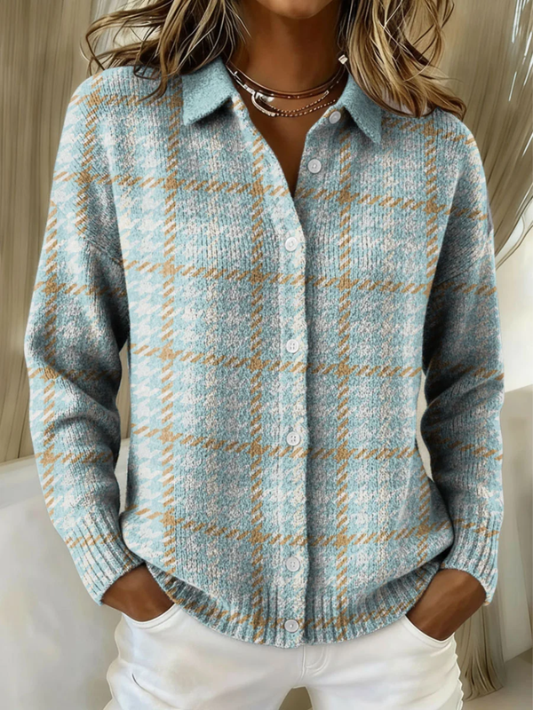 Clara | Cardigan in Maglia Azzurro a Quadri con Bottoni