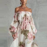 Payton | Abito Maxi con Motivo Floreale con Spalle Scoperte a Maniche Lunghe