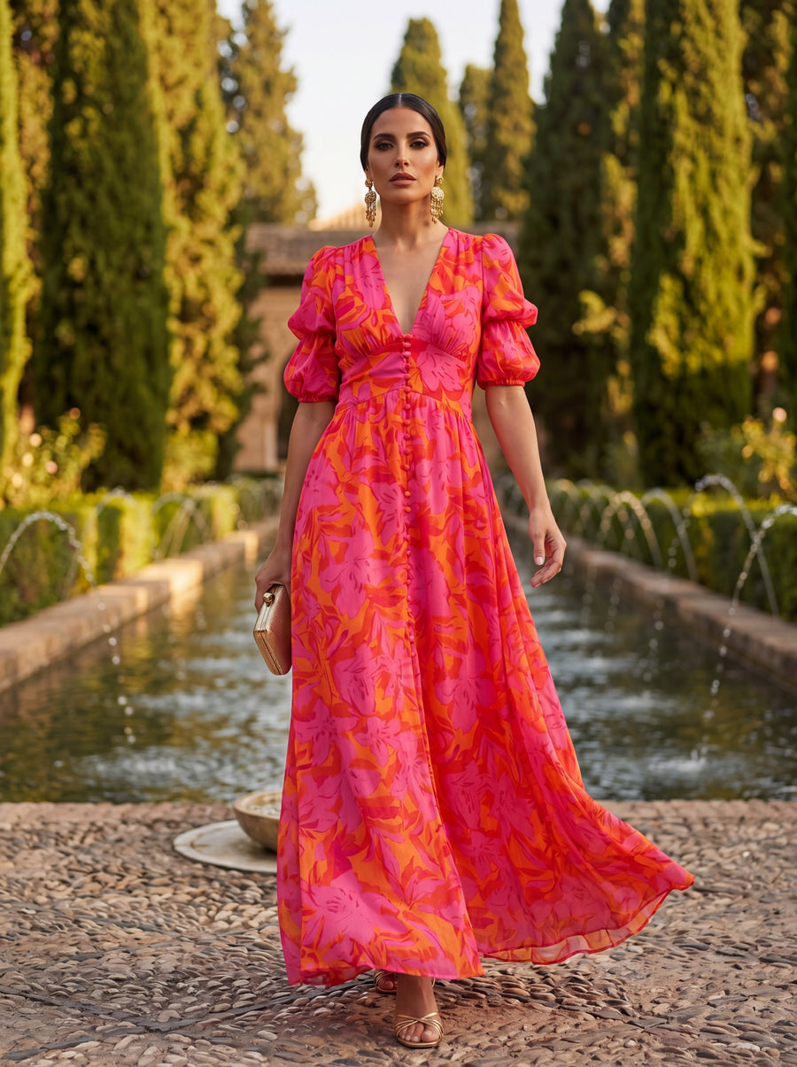 Olvera | Abito in Chiffon con Scollo a V con Spacco