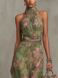 Serena | Abito Maxi in Chiffon con Motivo Floreale con Collo Halter