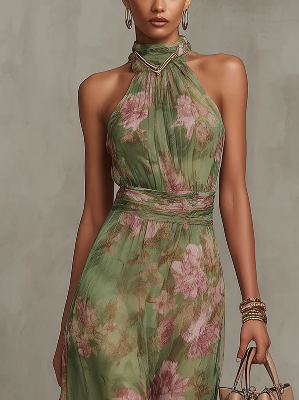 Serena | Abito Maxi in Chiffon con Motivo Floreale con Collo Halter