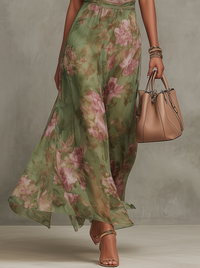 Serena | Abito Maxi in Chiffon con Motivo Floreale con Collo Halter