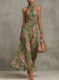 Serena | Abito Maxi in Chiffon con Motivo Floreale con Collo Halter