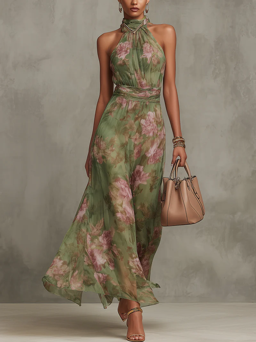 Serena | Abito Maxi in Chiffon con Motivo Floreale con Collo Halter™