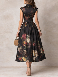 Violetta | Abito Midi in Raso Nero con Motivo Floreale Plissettato