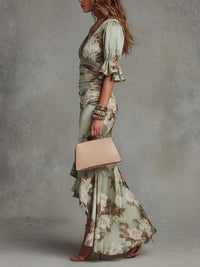 Anna | Abito Maxi in Raso Verde con Motivo Floreale
