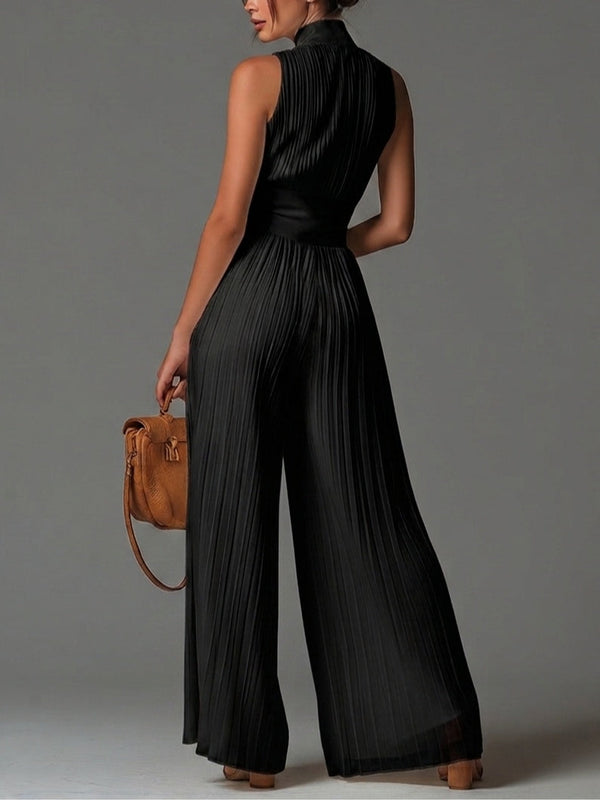 Victoire | Tuta in Chiffon Nero con Scollo a V Plissettato