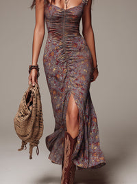 Maxi Pleated Floral Dress | Prodotto Grigio con Spacco