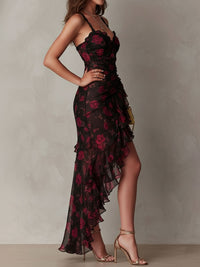 Rosalie | Abito Mini Nero con Motivo Floreale con Volant