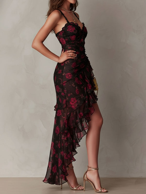 Rosalie | Abito Mini Nero con Motivo Floreale con Volant