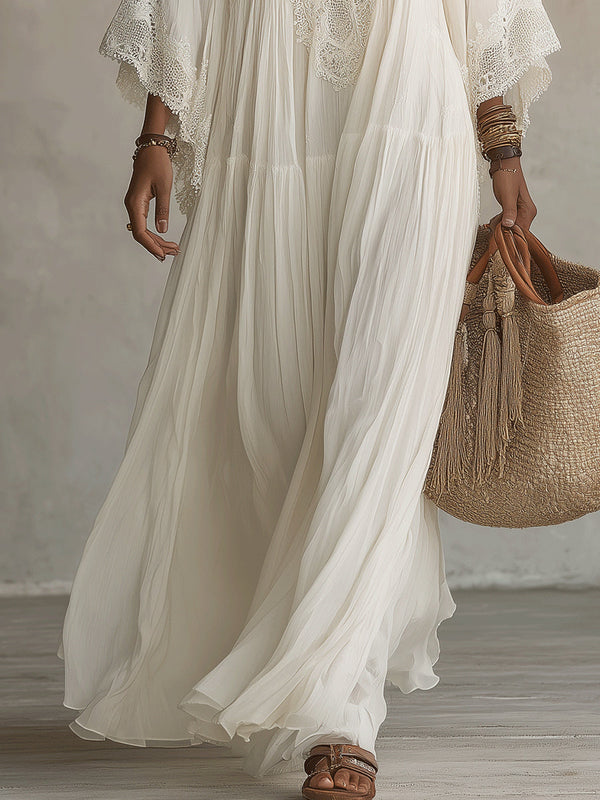 Solveig | Abito in Chiffon Bianco con Scollo a V
