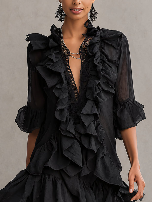 Anaïs | Abito Mini in Chiffon Nero con Volant