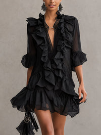 Anaïs | Abito Mini in Chiffon Nero con Volant