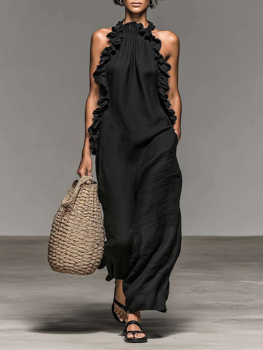 Lucile | Abito Maxi in Lino Nero con Volant con Colletto