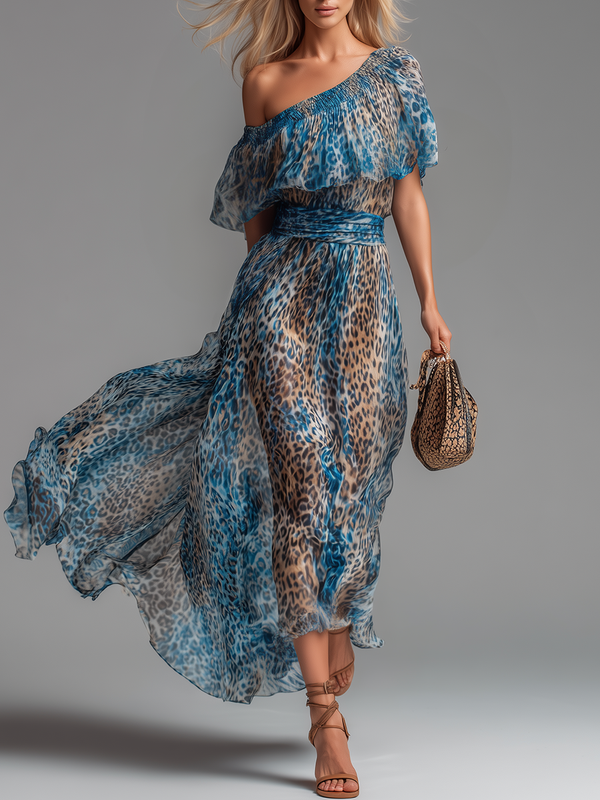 Aliette | Abito in Chiffon con Motivo Leopardato con Spalle Scoperte