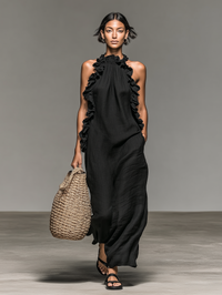 Lucile | Abito Maxi in Lino Nero con Volant con Colletto
