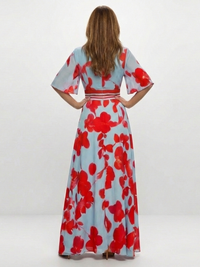 Abito Maxi con Motivo Floreale con Scollo a V