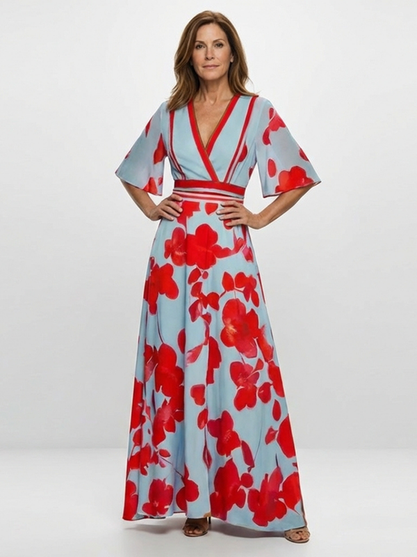 Abito Maxi con Motivo Floreale con Scollo a V