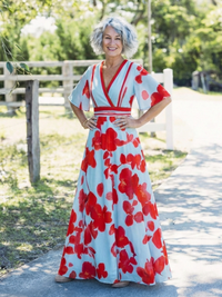 Abito Maxi con Motivo Floreale con Scollo a V