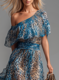 Aliette | Abito in Chiffon con Motivo Leopardato con Spalle Scoperte