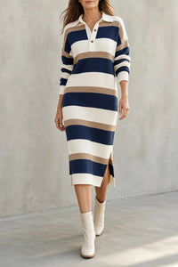 TARA | Abito Midi in Maglia a Righe con Colletto