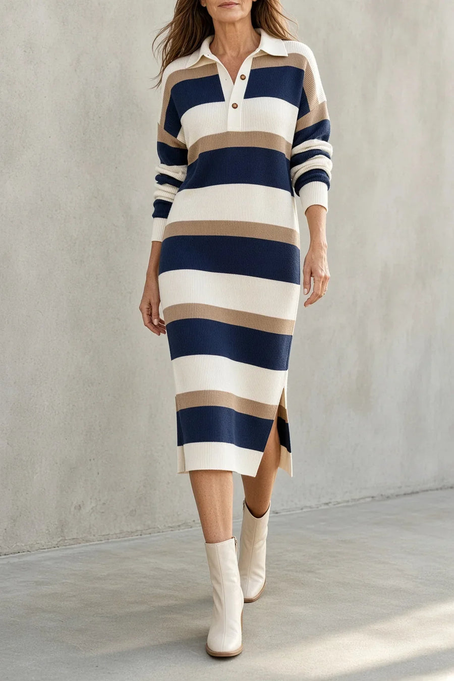 TARA | Abito Midi in Maglia a Righe con Colletto