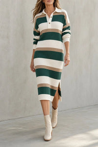 TARA | Abito Midi in Maglia a Righe con Colletto