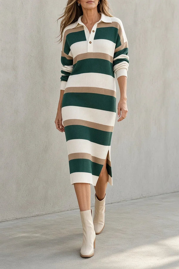 TARA | Abito Midi in Maglia a Righe con Colletto