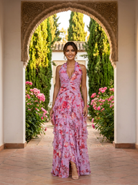 Abito Maxi con Motivo Floreale con Collo Halter