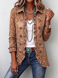Noémie | Retrò Boho Giacca Marrone con Motivo Floreale con Volant