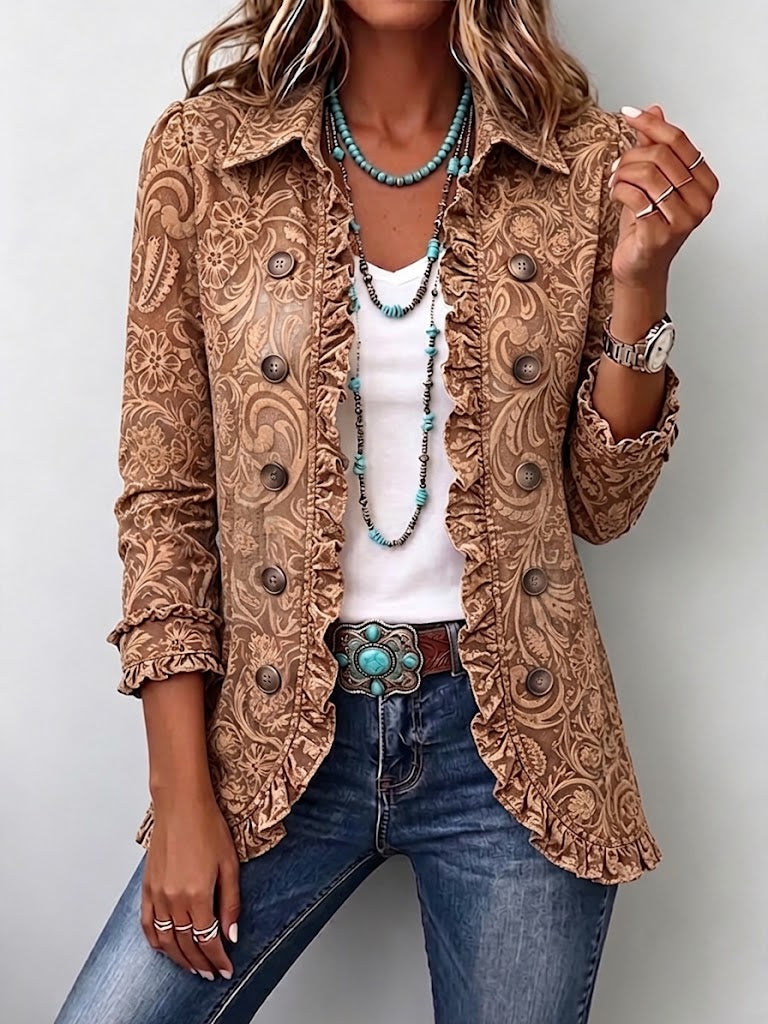 Noémie | Retrò Boho Giacca Marrone con Motivo Floreale con Volant