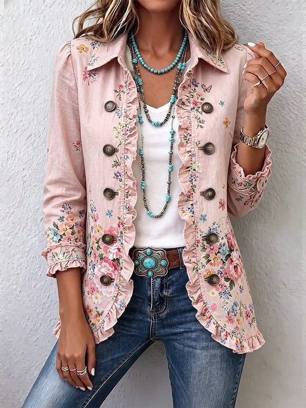 Martine | Giacca Rosa con Motivo Floreale con Volant con Bottoni