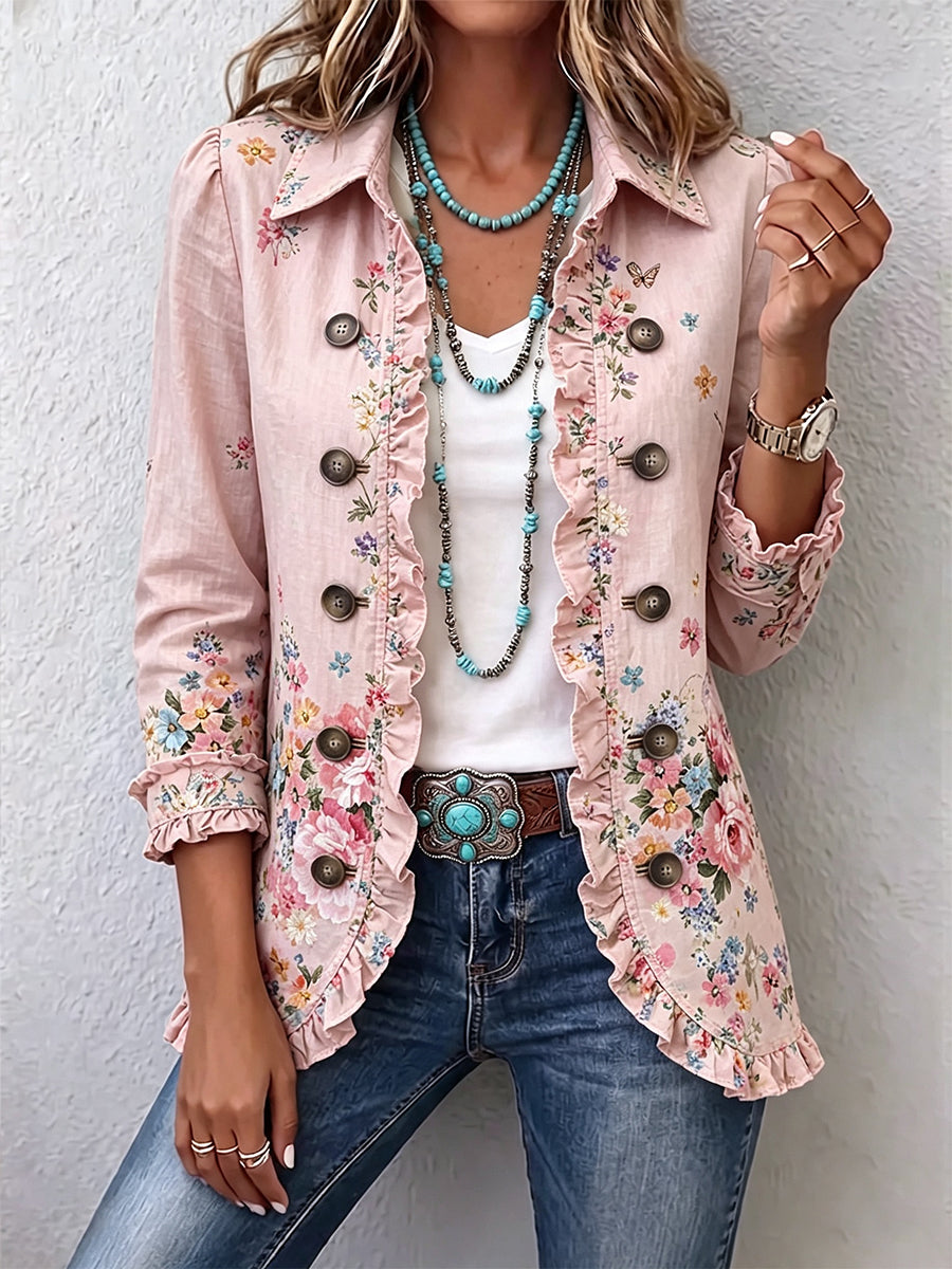 Martine | Giacca Rosa con Motivo Floreale con Volant con Bottoni
