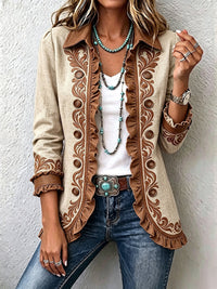 Octavie | Retrò Boho Giacca Marrone con Motivo Floreale con Volant