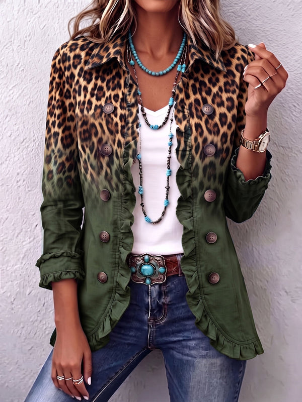 Louise | Blazer Verde Oliva con Motivo Leopardato con Volant